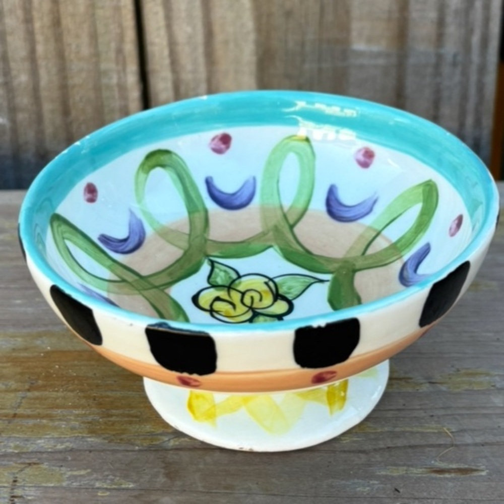 Vintage Vicki Carroll Razzle Dazzle Hand Painted Footed Dessert Bowl 4.75”Wide